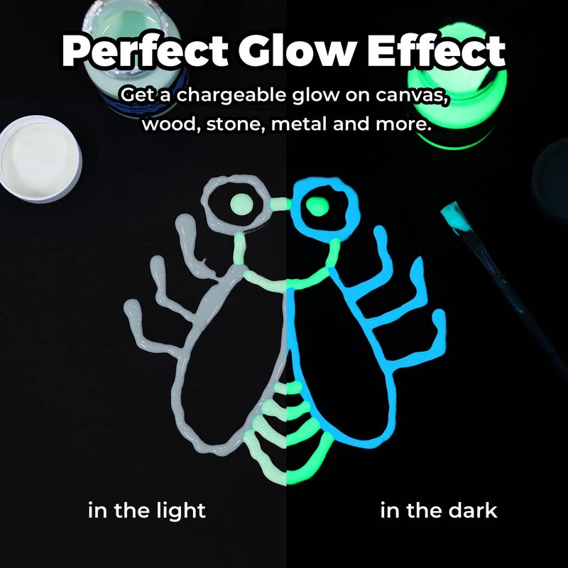 ARTME مجموعة الطلاء المتوهج Artme Glow in The Dark Paint من الألوان الخضراء والزرقاء (60 مل/2 أونصة لكل منهما) طلاء أكريليك متوهج مثالي للرسم الفني والمشروعات اليدوية لديكورات الهالوين والفنانين والطلاب البالغين - Image 4